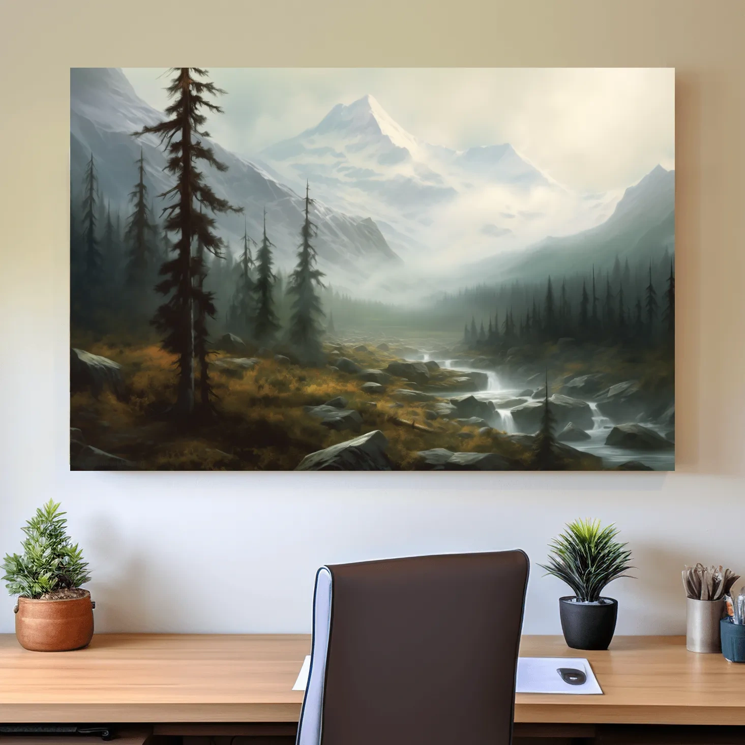 Misty Alpine Mountain Valley Painting - Foggy Evergreen Forest Wall Art