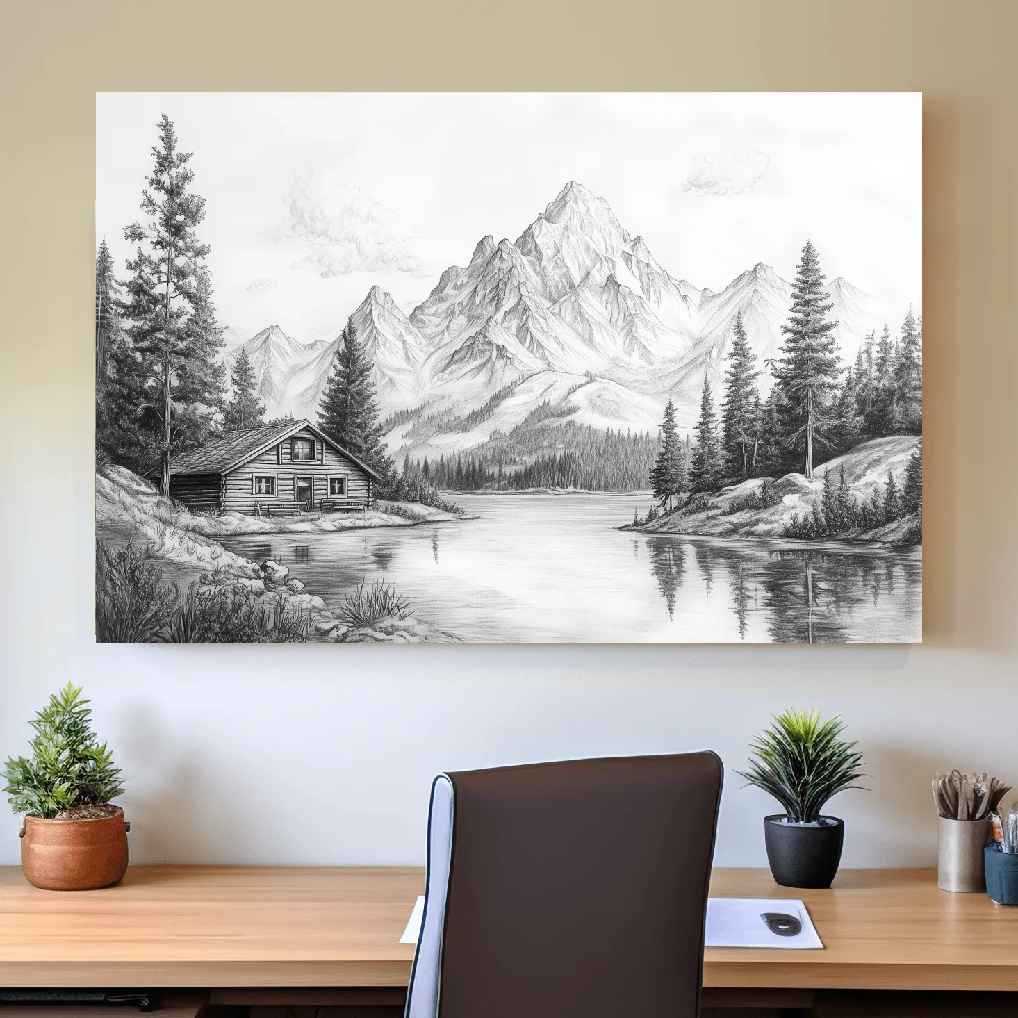 Vintage Pencil Sketch Alpine Lake Cabin - Black And White Mountain Landscape Wall Art
