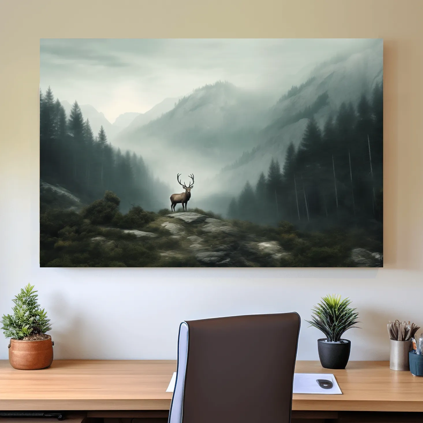 Moody Misty Mountain Deer Landscape - Atmospheric Forest Wildlife Wall Art