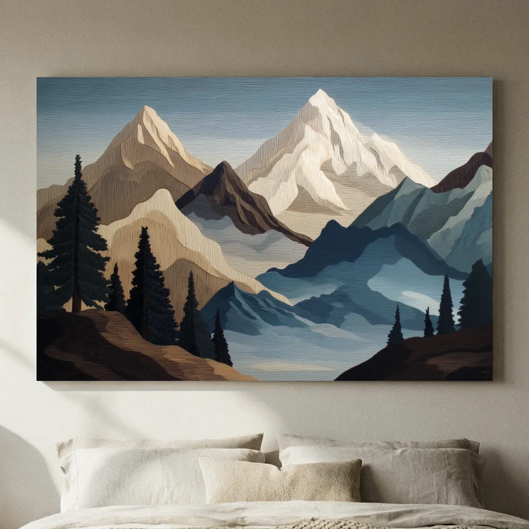 Textured Layered Alpine Mountain Peaks - Scenic Forest Wall Art