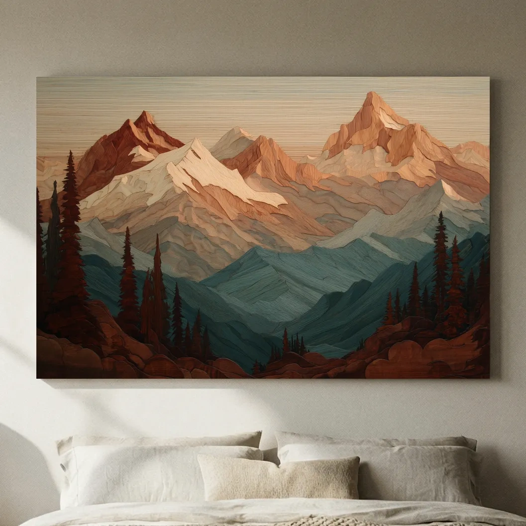 Layered Wood Alpine Mountain Range - Textured Topographic Landscape Wall Art