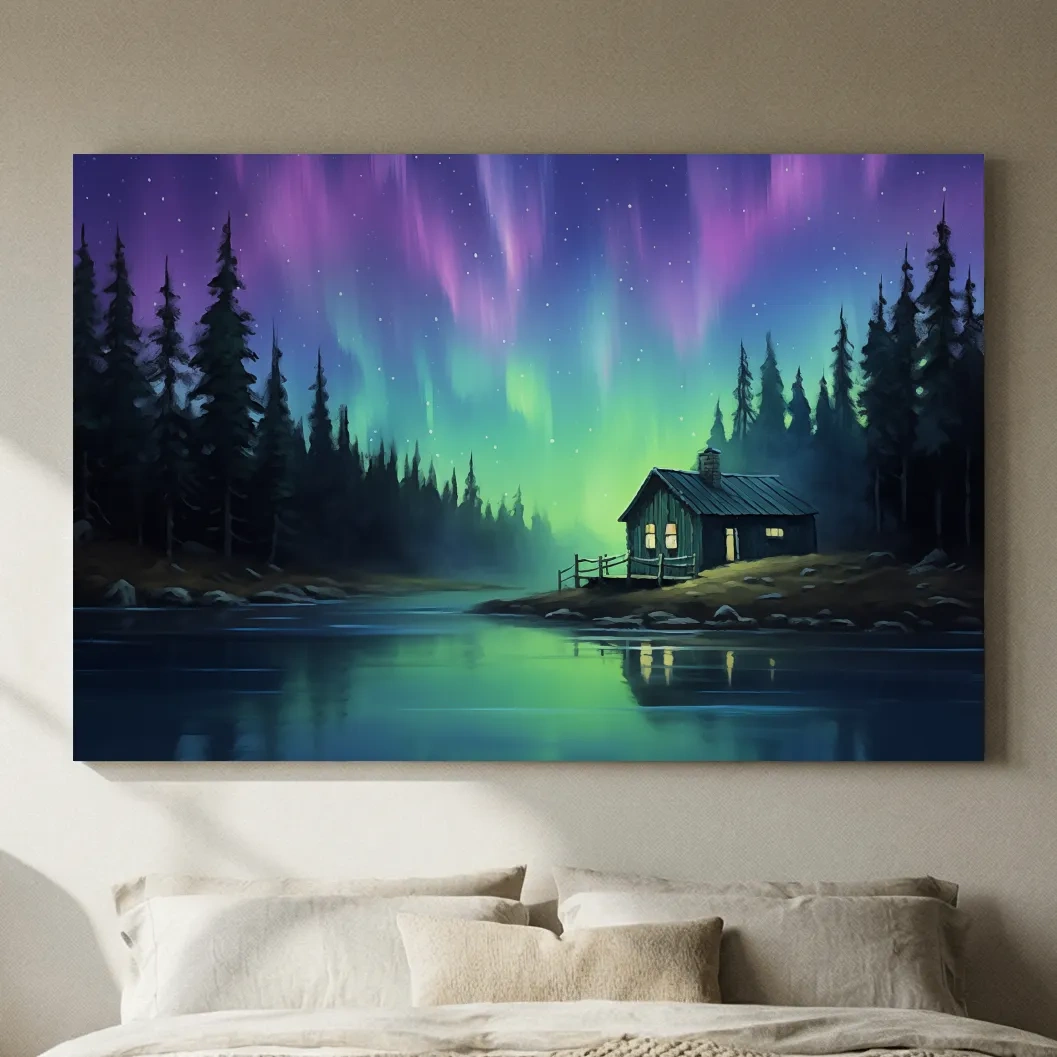 Northern Lights Over Lakeside Cabin Painting - Aurora Borealis Night Wall Art