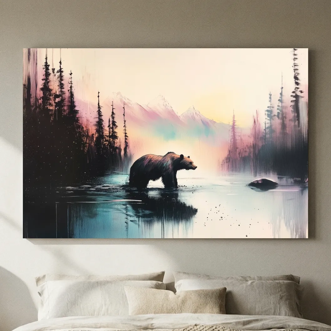 Moody Watercolor Grizzly Bear Lake Reflection - Misty Mountain Wilderness Wall Art
