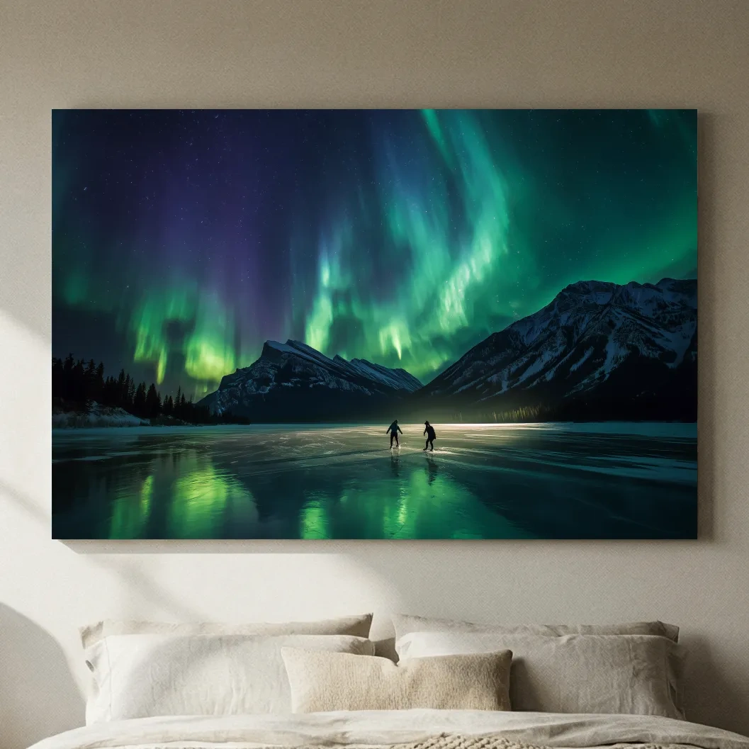 Ice Skaters Under Vibrant Northern Lights - Aurora Borealis Photographic Wall Art