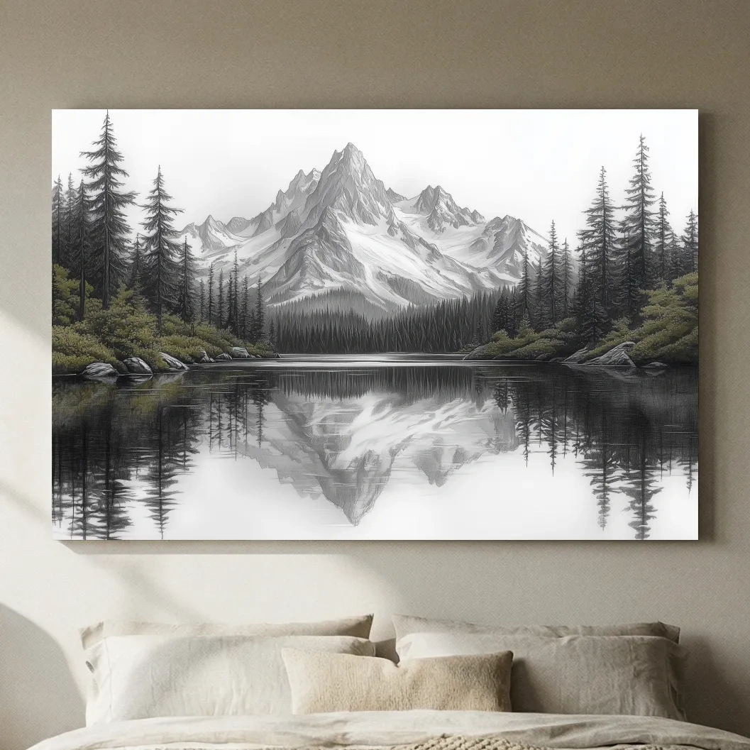 Monochrome Alpine Mountain Lake Reflection Sketch Artwork - Minimalist Forest Landscape Wall Art