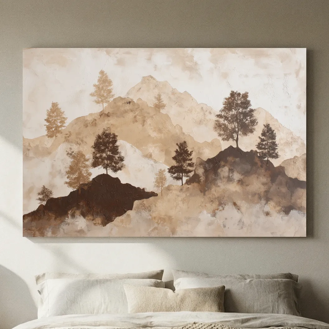 Wabi-Sabi Mountain Tree Silhouettes Painting - Minimalist Landscape Wall Art