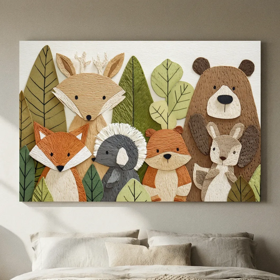 Woodland Animal Nursery Decor - Cute Forest Animals Embroidery Style Wall Art