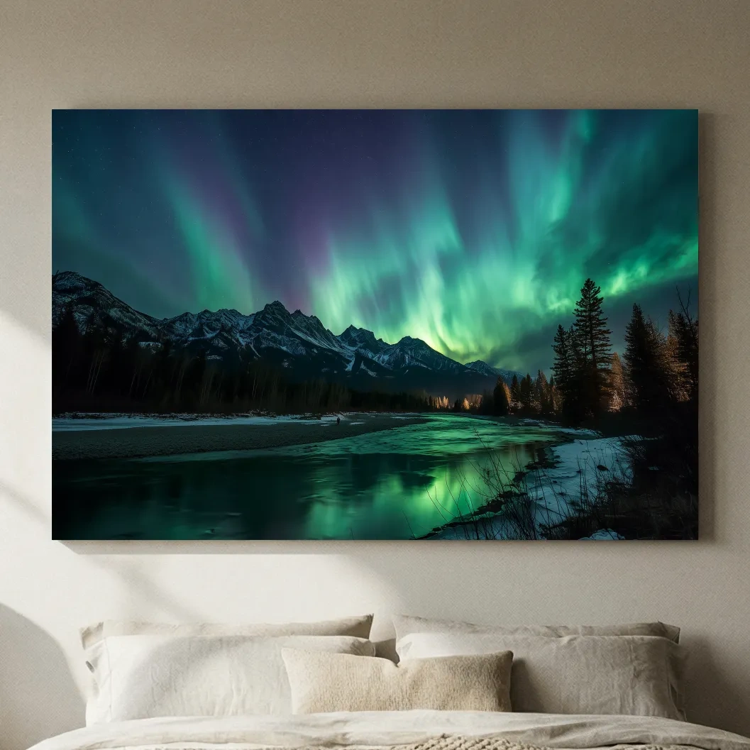 Vibrant Green Northern Lights Over Frozen Lake - Aurora Borealis Landscape Wall Art