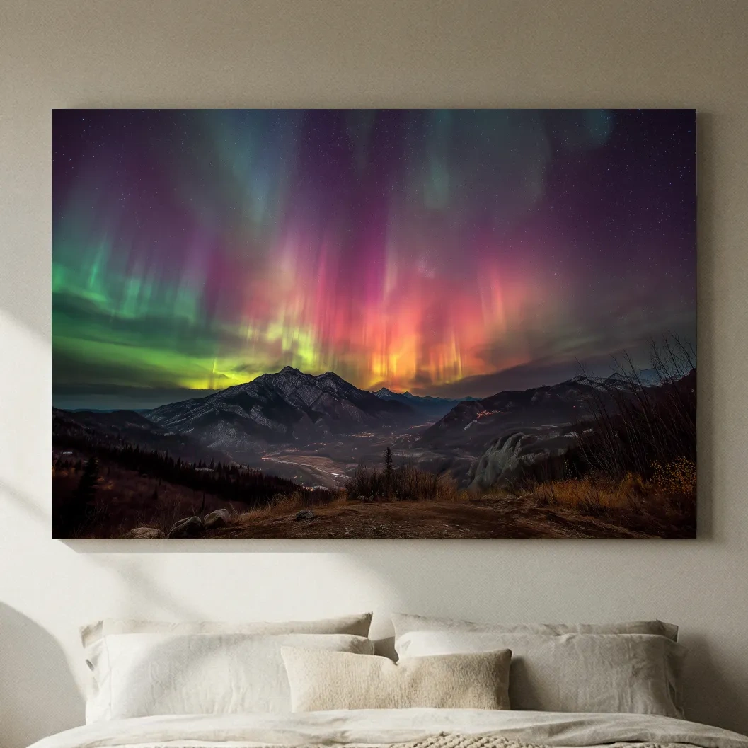 Vibrant Aurora Borealis Over Mountain Range - Colorful Northern Lights Landscape Wall Art