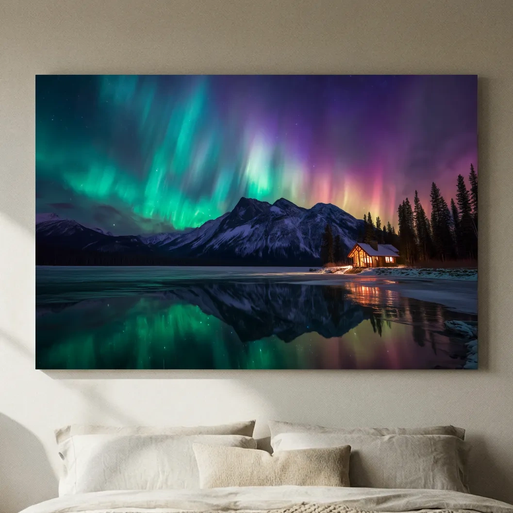 Vibrant Northern Lights Over Mountain Lake Cabin - Aurora Borealis Landscape Wall Art