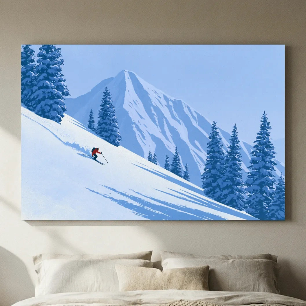 Minimalist Snowy Mountain Skier Landscape - Winter Alpine Illustration Wall Art
