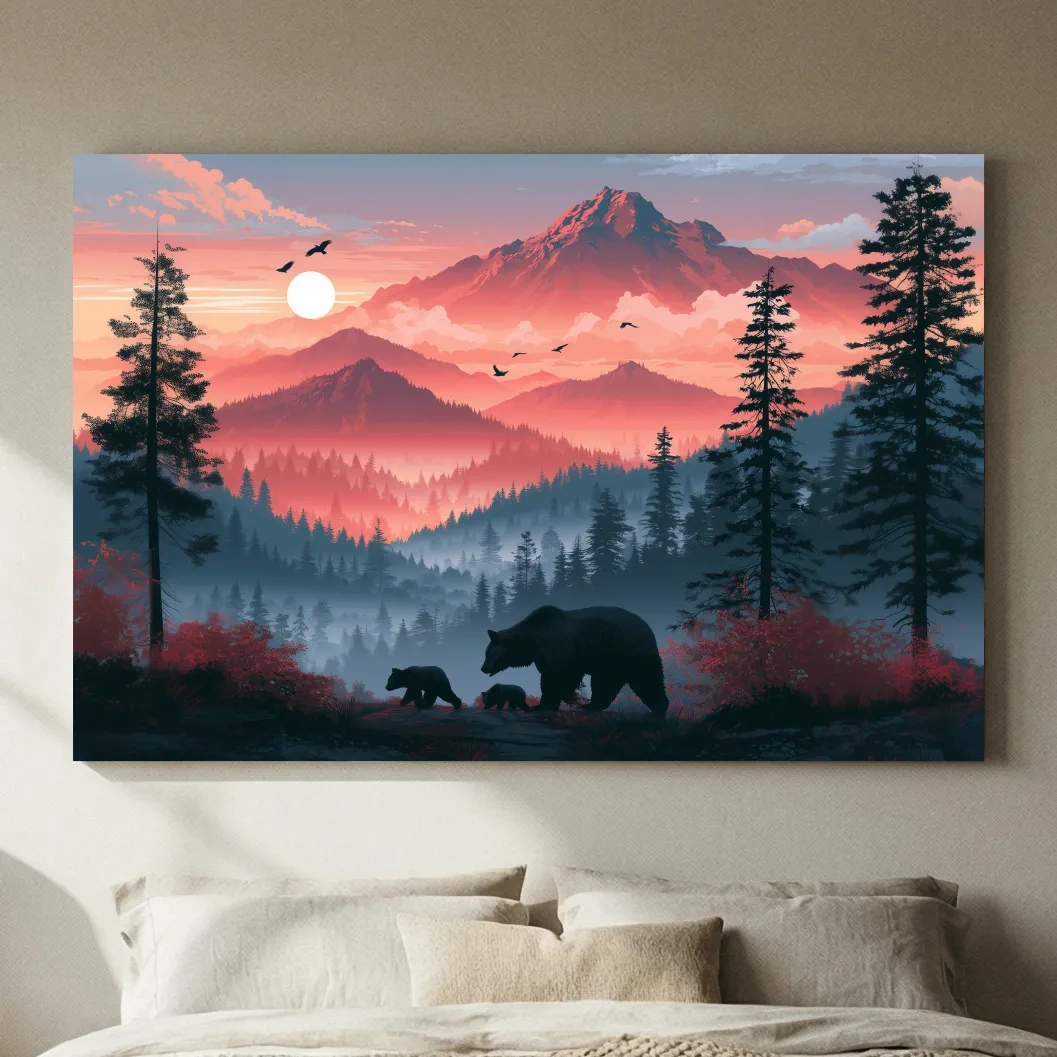 Sunset Mama Bear & Cubs Silhouette - Forest Wildlife Wall Art