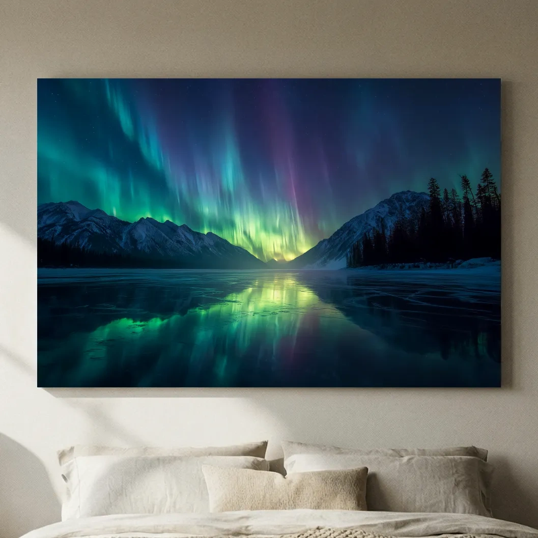 Vibrant Northern Lights Over Icy Mountain Lake - Aurora Borealis Wall Art