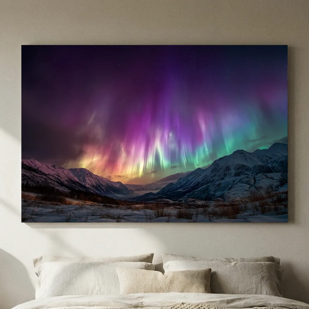 Vibrant Aurora Borealis Over Snowy Mountains - Northern Lights Night Sky Wall Art