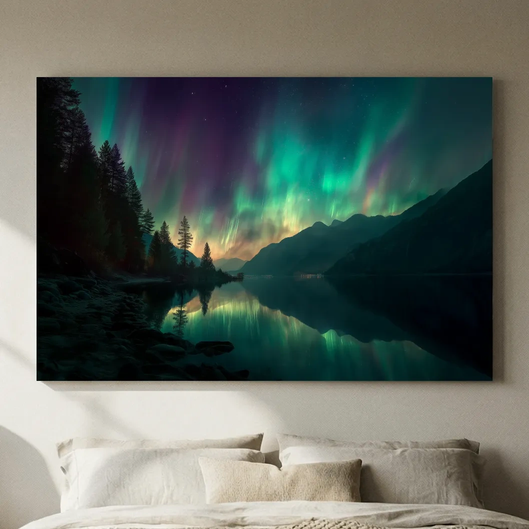 Vibrant Northern Lights Lake Reflection - Aurora Borealis Mountain Wall Art