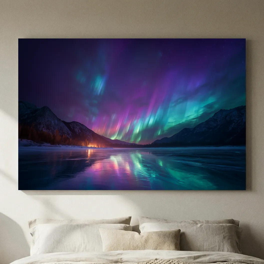 Vibrant Aurora Borealis Over Frozen Lake - Northern Lights Mountain Wall Art
