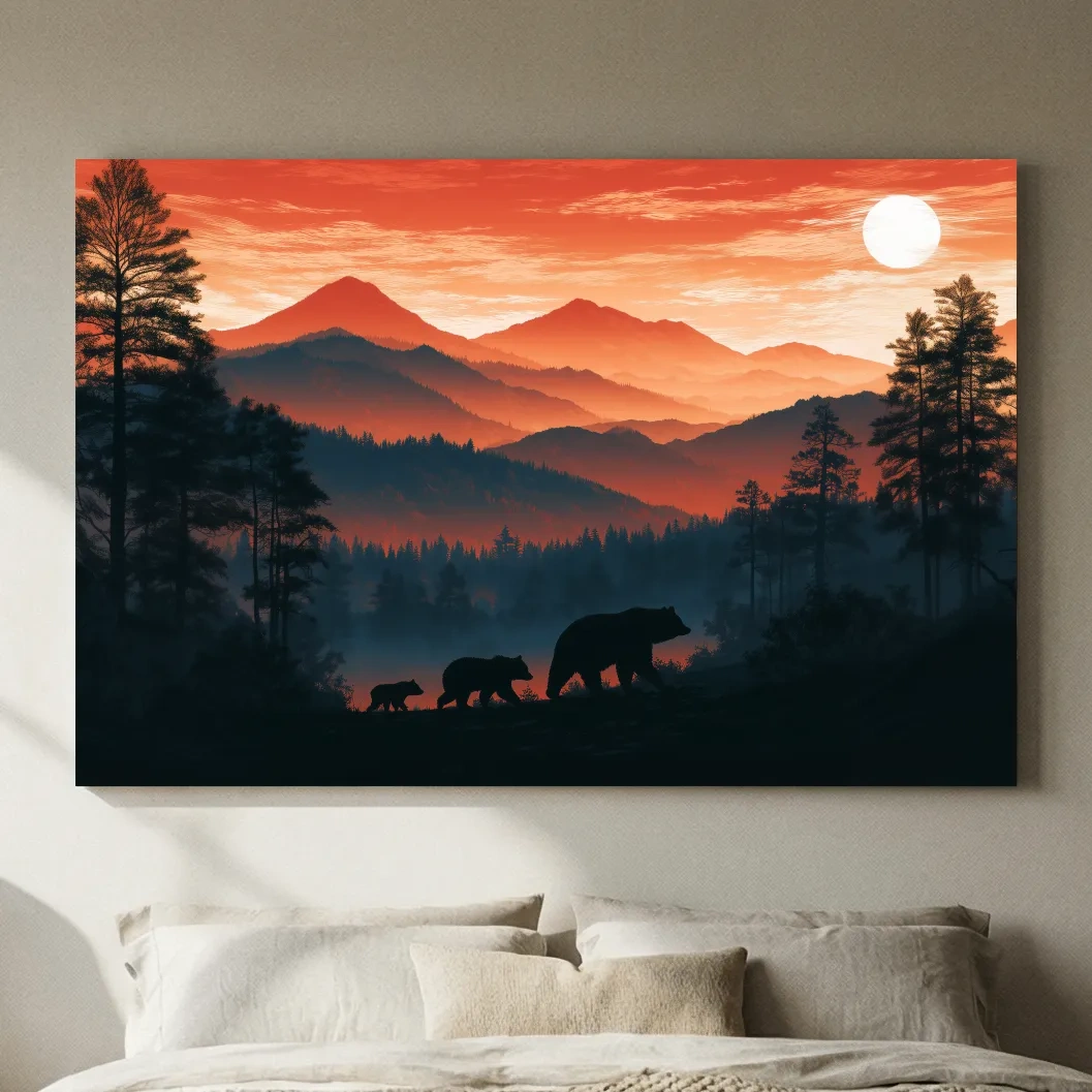 Mountain Sunset Bear Family Silhouettes - Wilderness Landscape Artwork