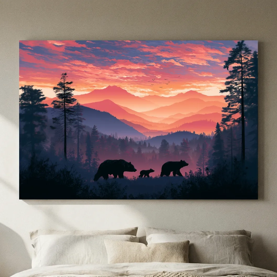 Moody Sunset Mountain Bear Family Silhouettes - Wildlife Wall Art
