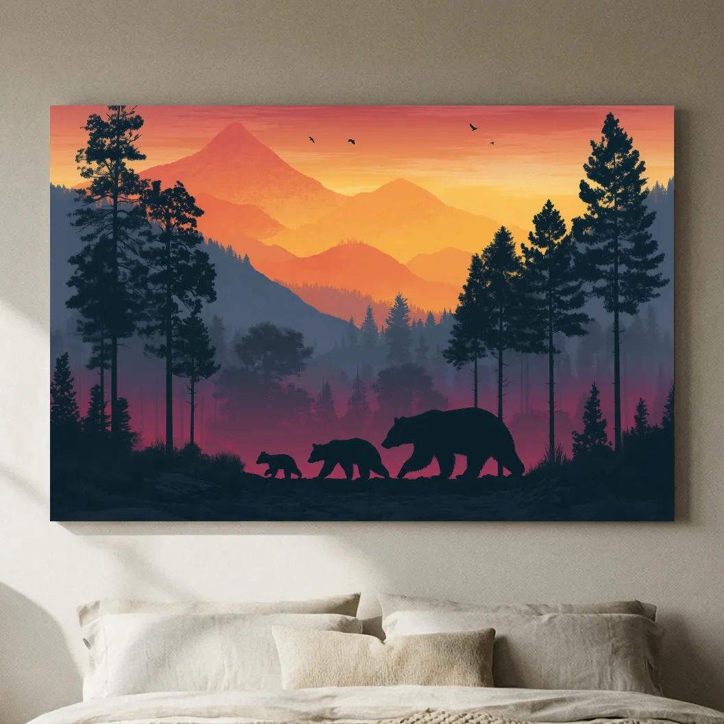 Sunset Momma Bear & Cubs Silhouette - Forest Wildlife Wall Art