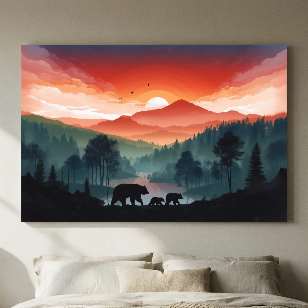 Sunset Bear Family Silhouette Landscape - Misty Mountain Forest Wall Art