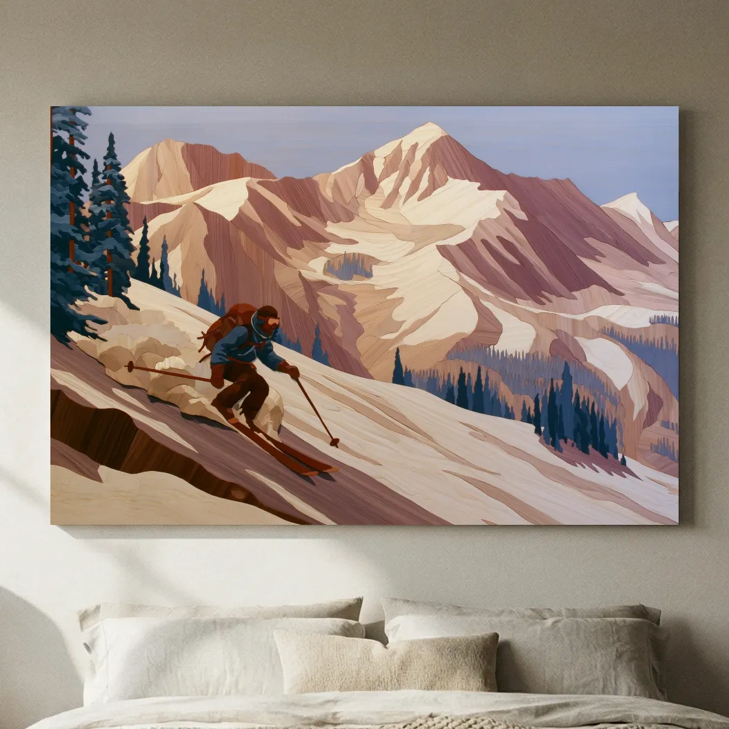 Backcountry Skier Descending Snowy Alpine Peaks - Modern Outdoor Adventure Wall Art