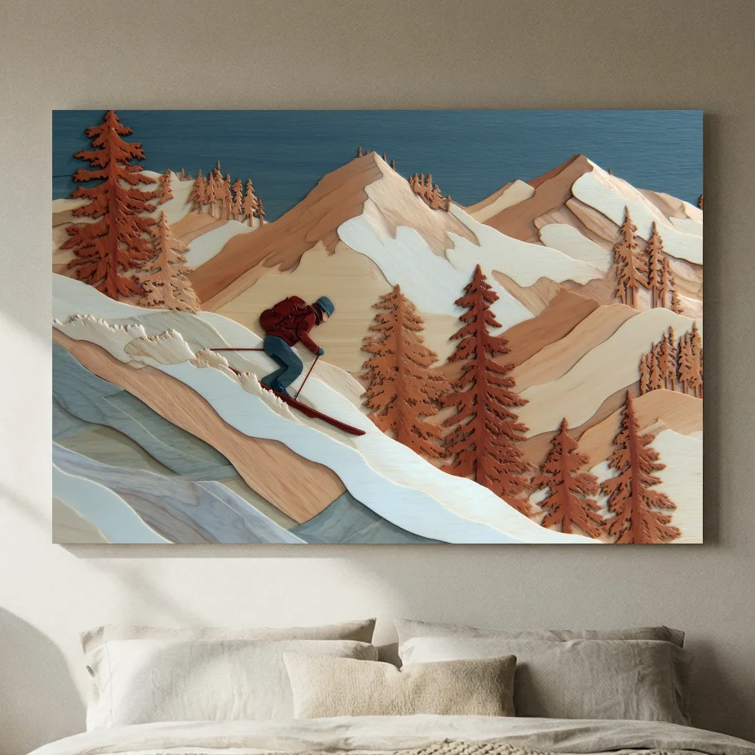 Wood Intarsia Style Skier Mountain Scene - Winter Alpine Wall Art