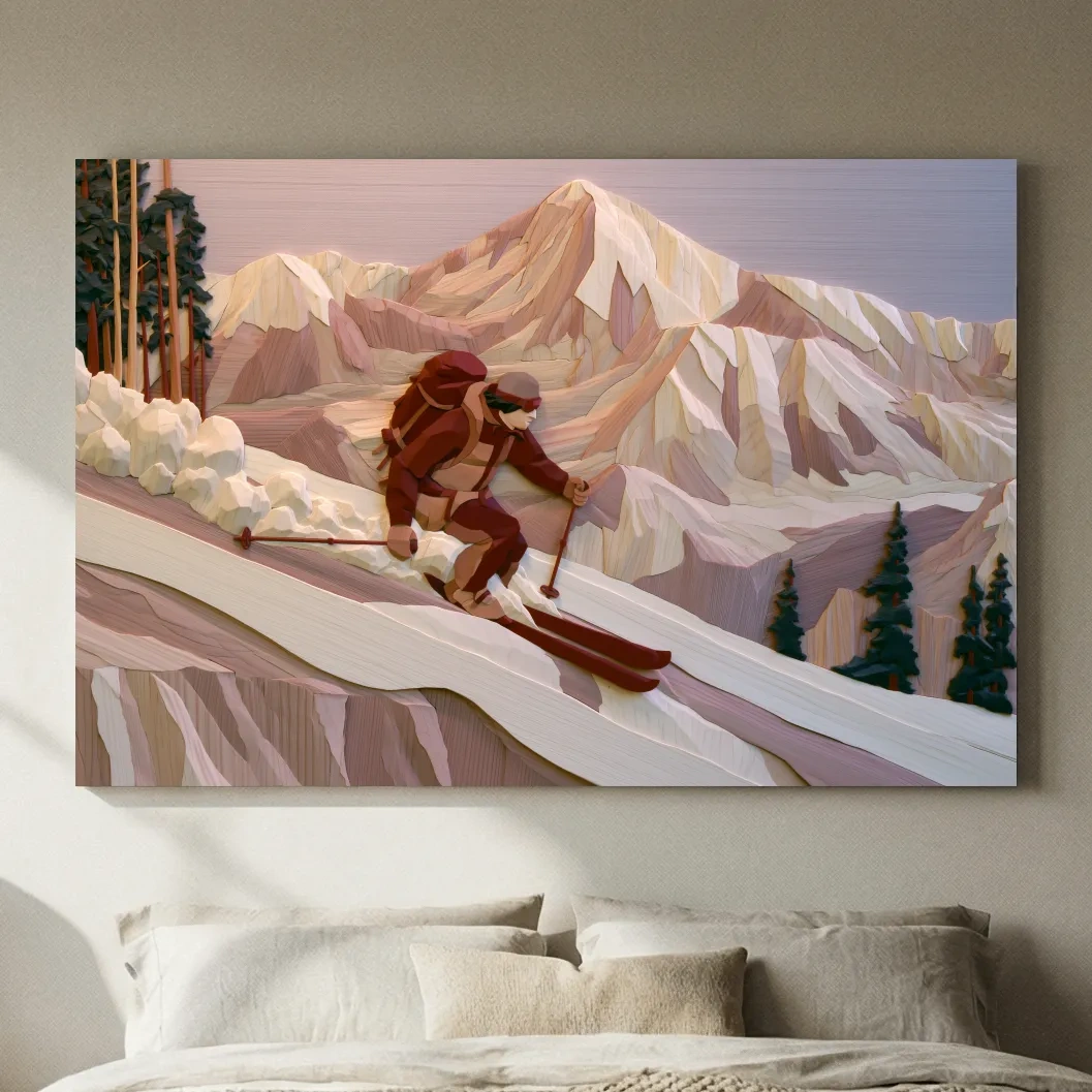 Geometric Backcountry Skier In Alpine Peaks - Winter Mountain Adventure Wall Art