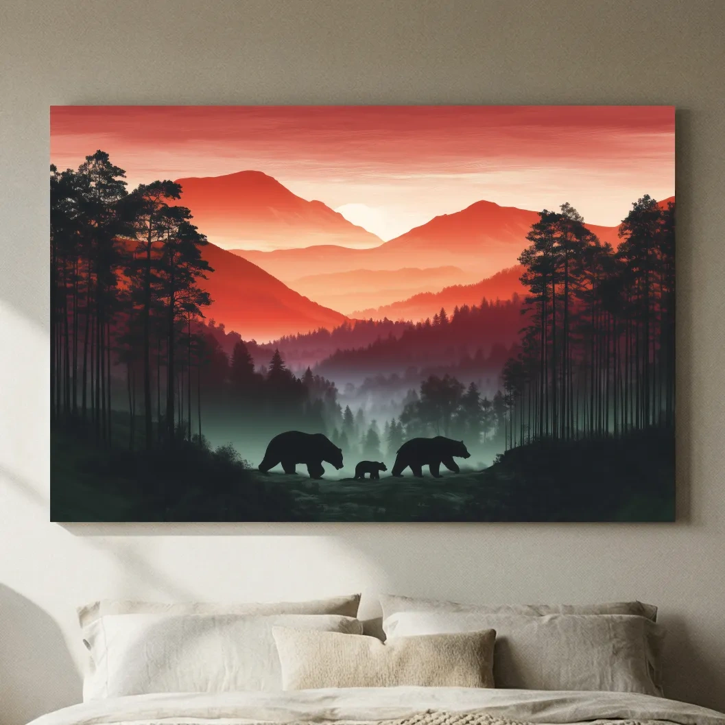 Moody Sunset Mountain Bear Family Silhouettes - Misty Forest Wildlife Wall Art