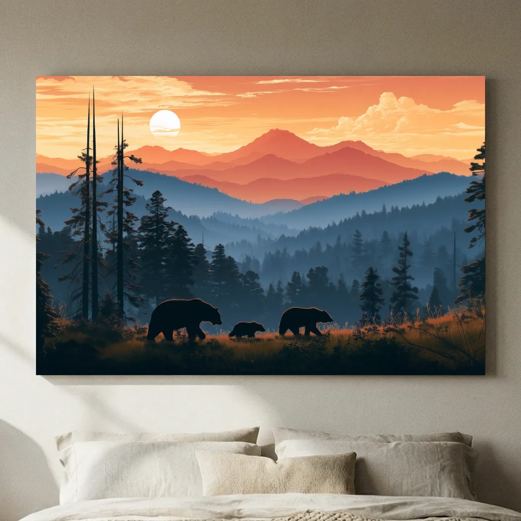 Bear Family Silhouettes - Mountain Sunset Wildlife Wall Art
