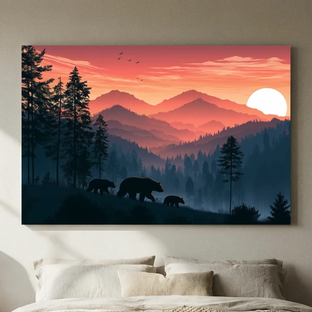 Bear Family Silhouette Mountain Sunset - Wildlife Landscape Wall Art