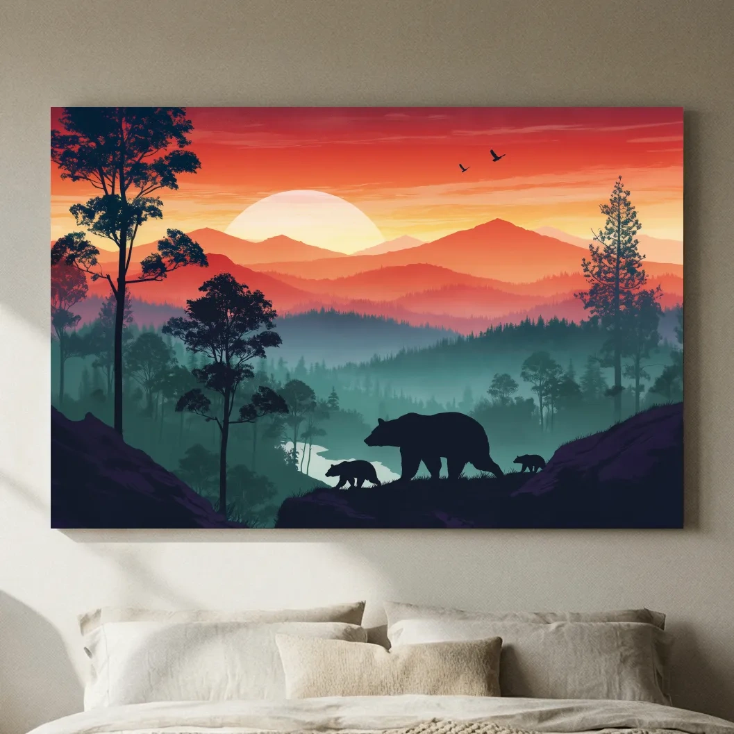 Sunset Mama Bear & Cubs Silhouette - Misty Forest Landscape Artwork