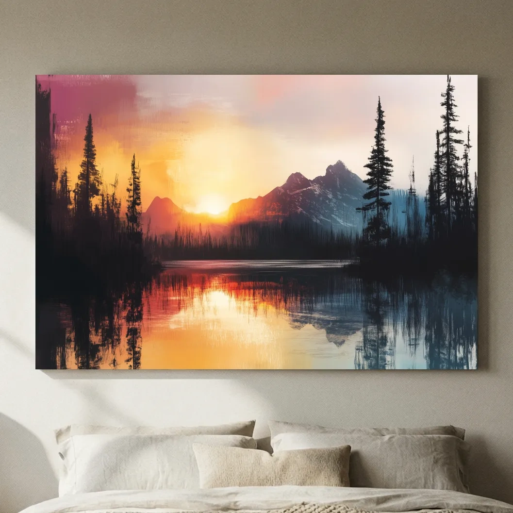 Sunset Mountain Lake Reflection Painting - Dramatic Pine Forest Landscape Wall Art