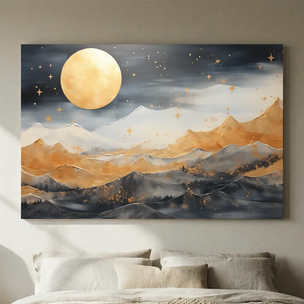 Golden Moonlit Abstract Mountain Landscape - Modern Watercolor Wall Art