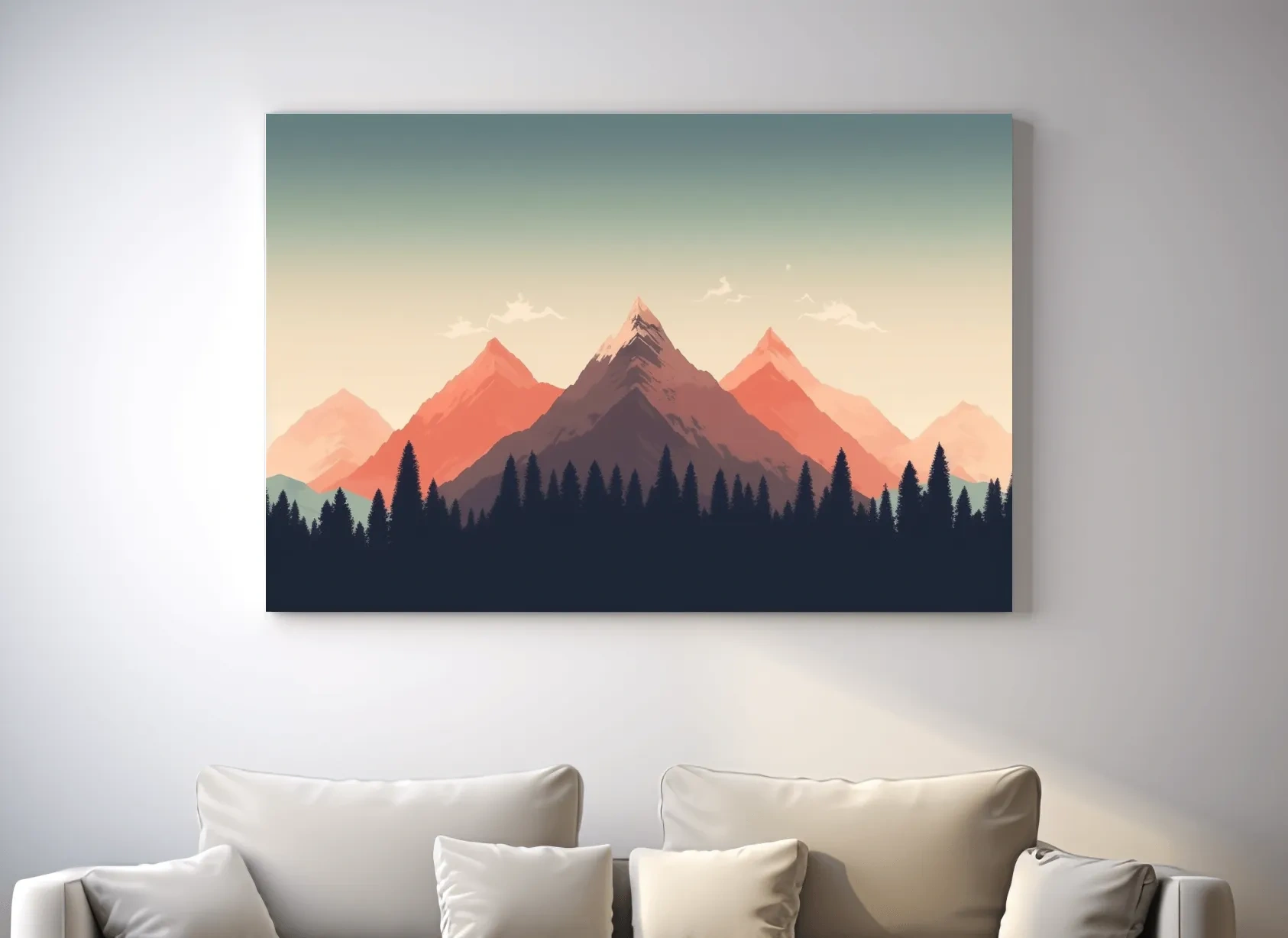 Minimalist Alpine Mountain Sunrise Artwork - Modern Scandinavian Forest Wall Art