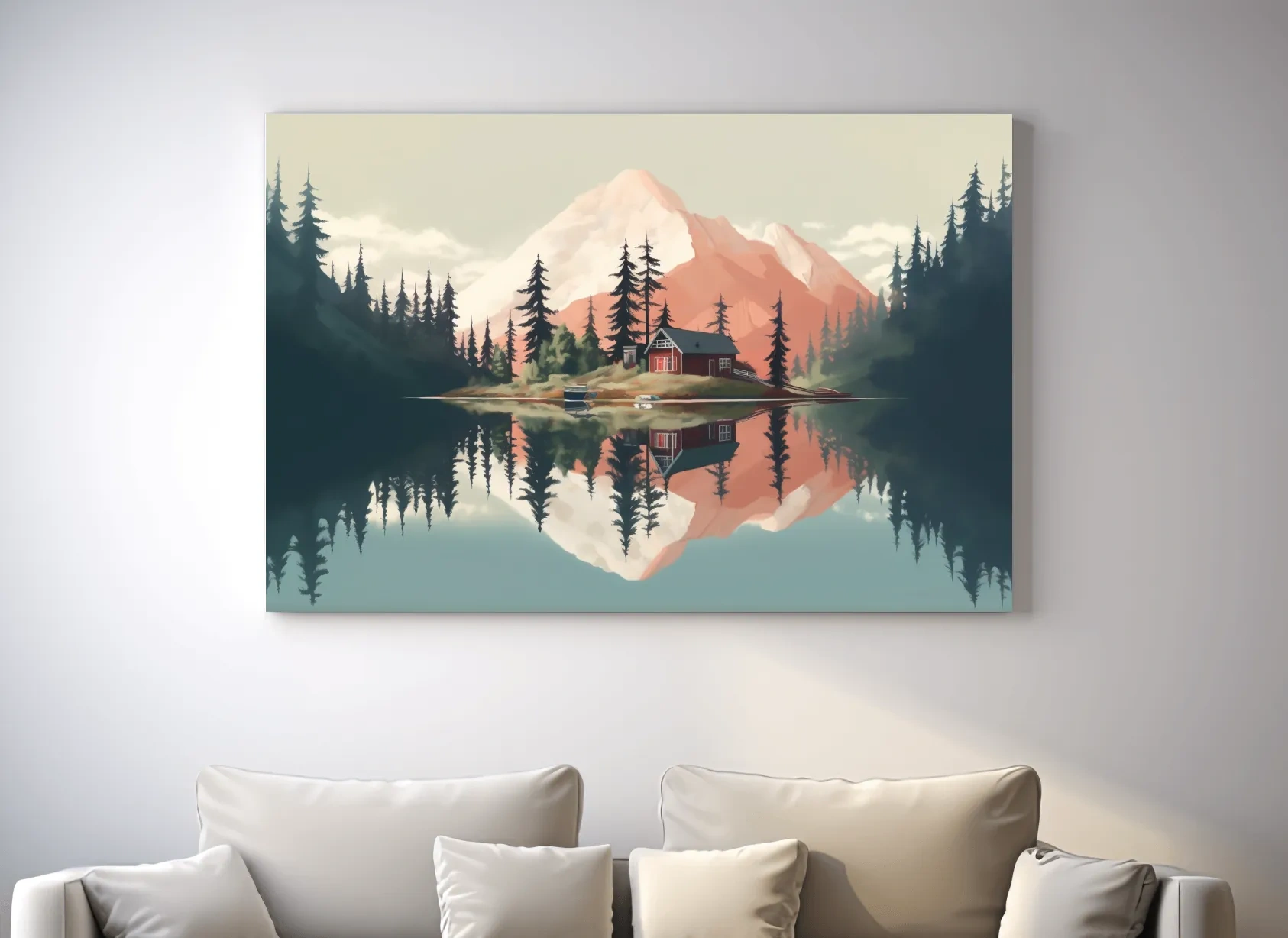 Serene Alpine Lake Cabin Artwork - Minimalist Mountain Landscape Wall Art