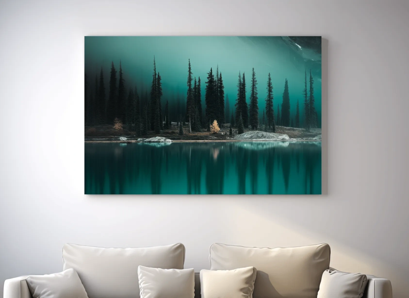 Misty Pine Forest Turquoise Alpine Lake - Serene Mountain Landscape Wall Art