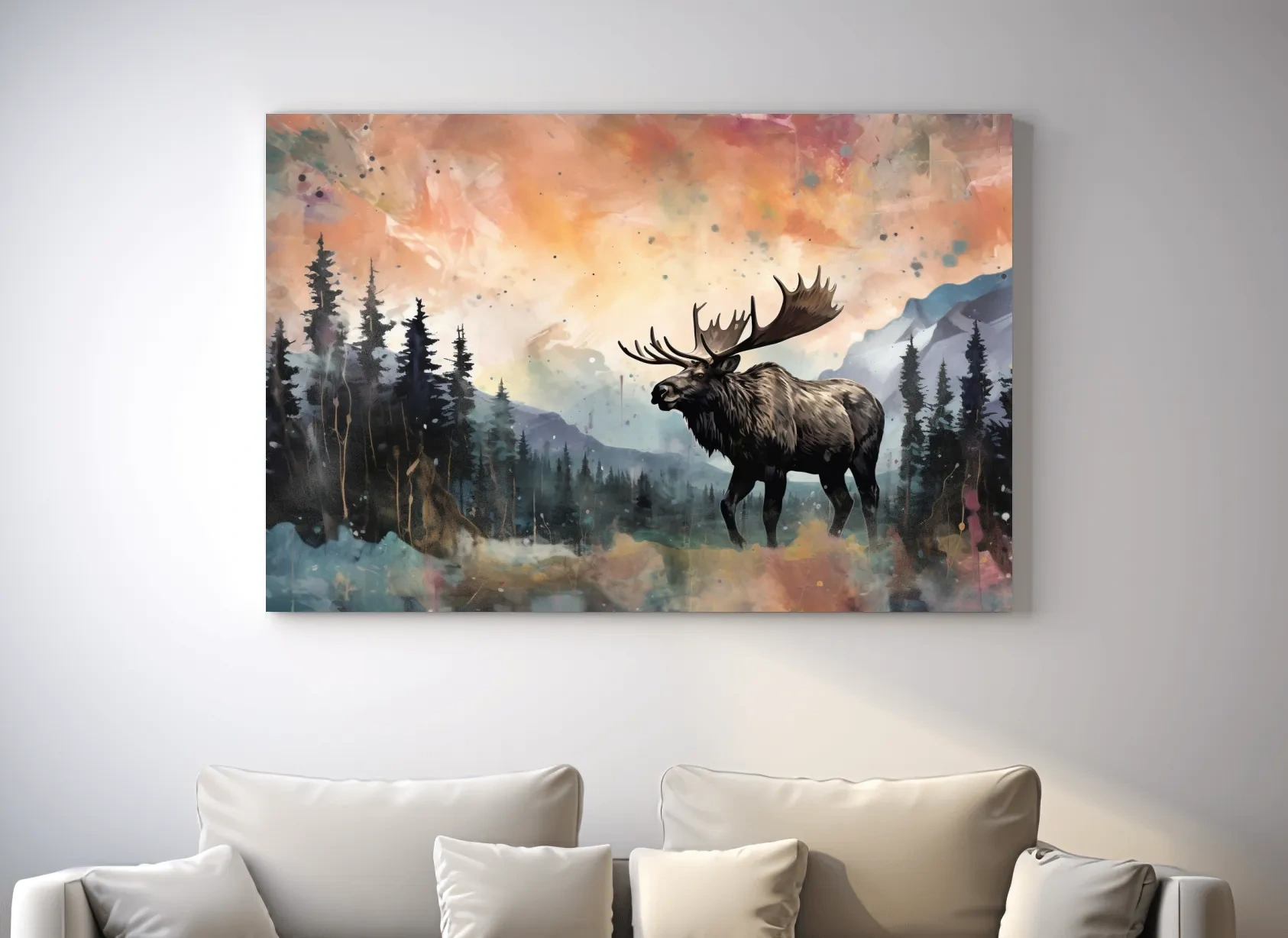Watercolor Moose In Misty Mountain Forest - Rustic Wildlife Wall Art