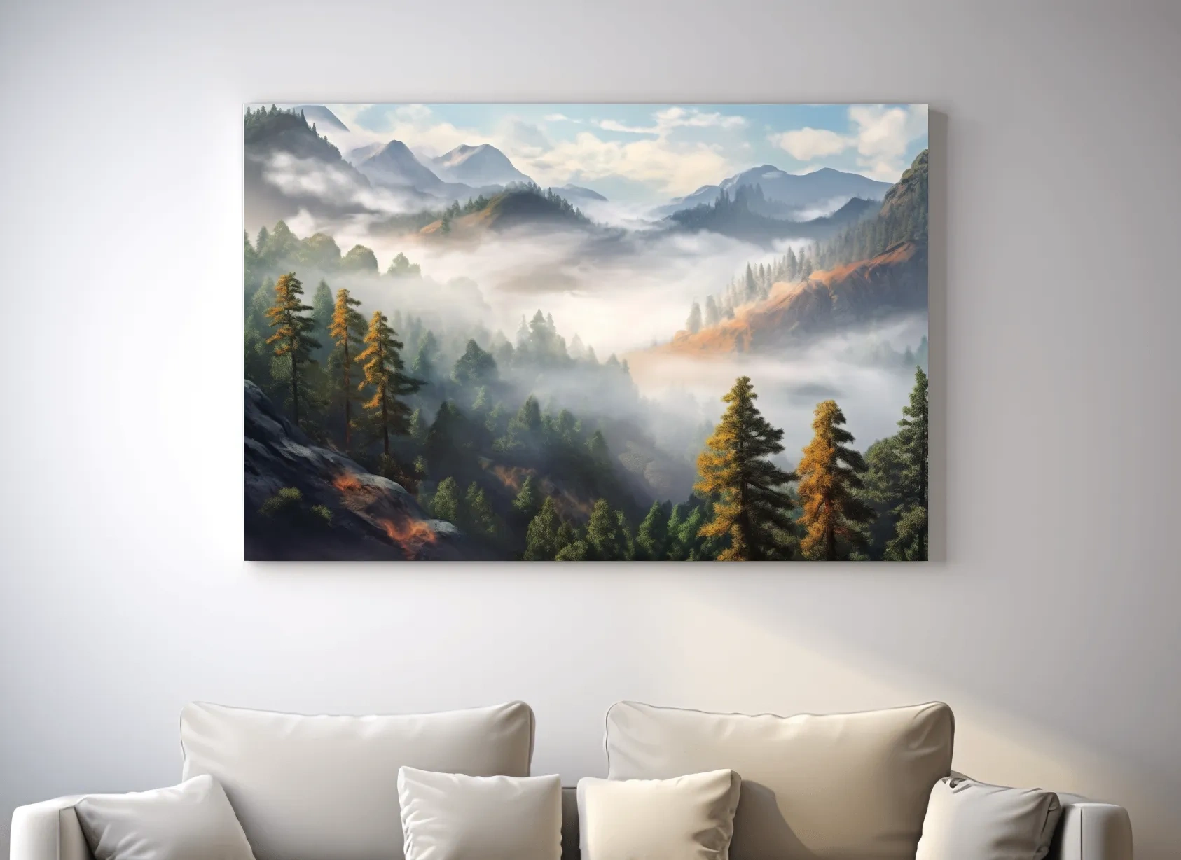 Misty Mountain Valley Forest Landscape - Serene Foggy Nature Painting Wall Art