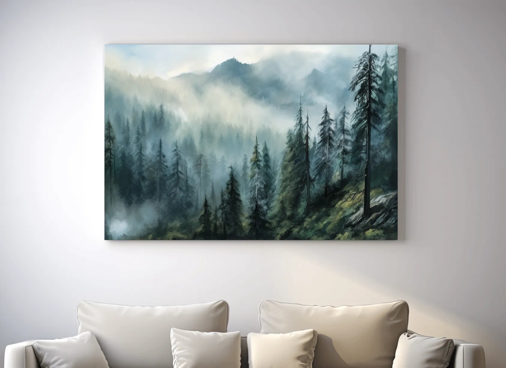 Misty Evergreen Forest Mountain Landscape - Moody Watercolor Nature Wall Art
