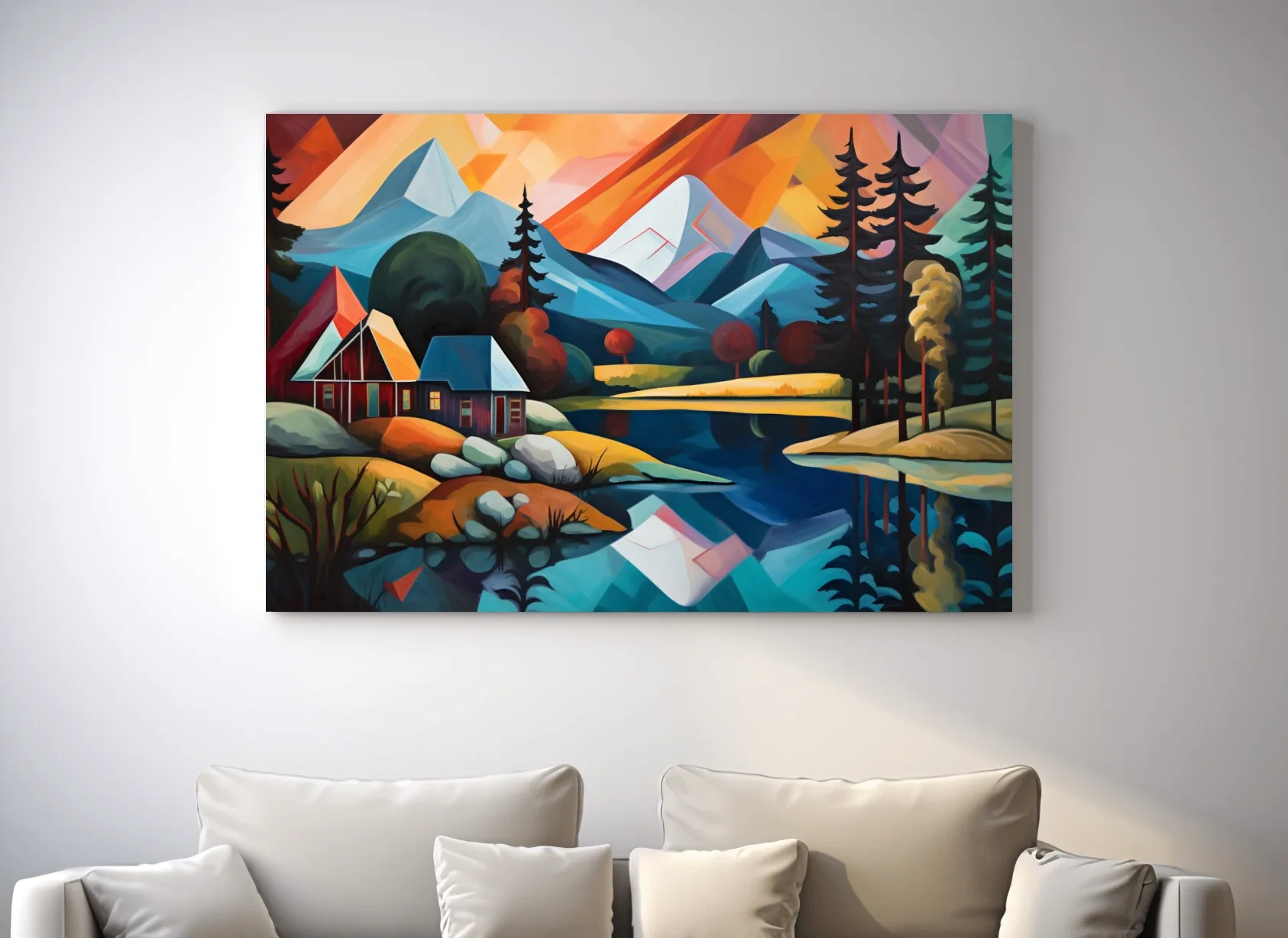 Vibrant Geometric Mountain Lake Cabin Oil Painting - Modern Abstract Wall Art