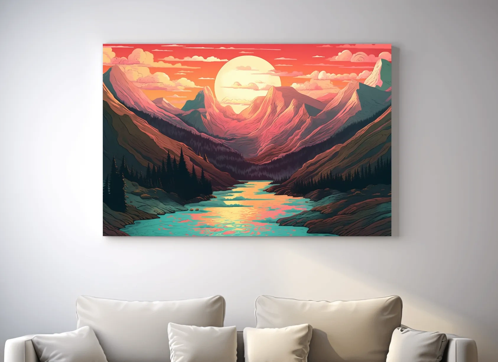 Vibrant Sunset Mountain Valley Illustration - Retro Landscape Wall Art