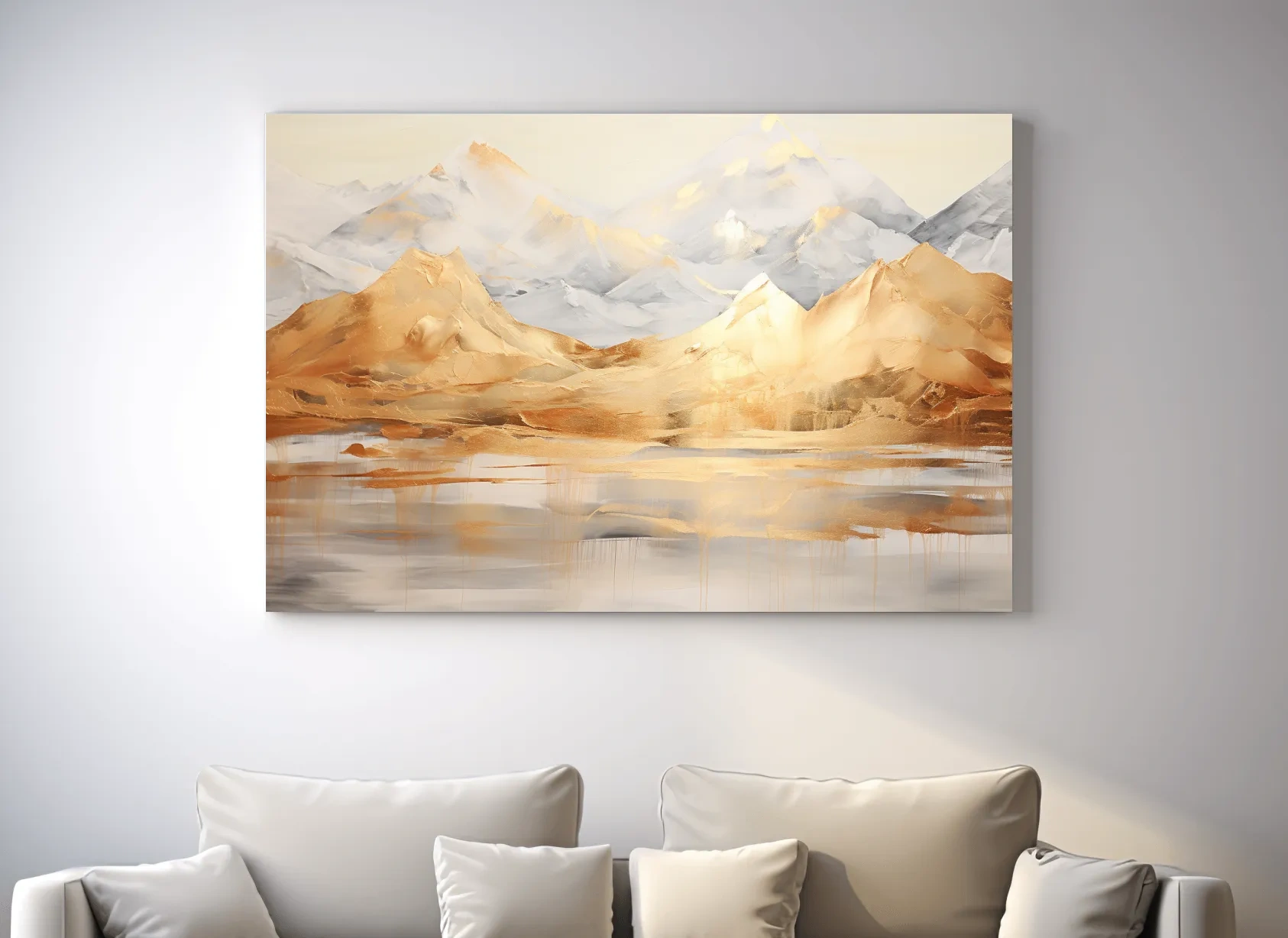 Luxe Golden Abstract Mountain Lake Painting - Elegant Landscape Wall Art