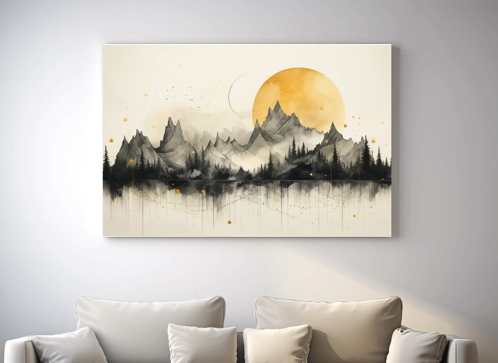 Golden Sun Abstract Mountain Range - Minimalist Watercolor Landscape Wall Art