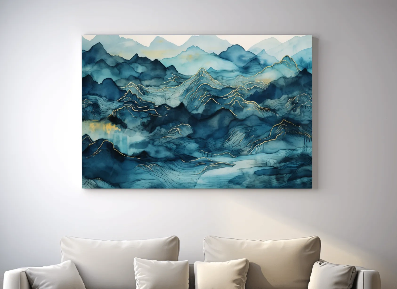 Watercolor Mountain Range With Gold Linework - Abstract Landscape Wall Art