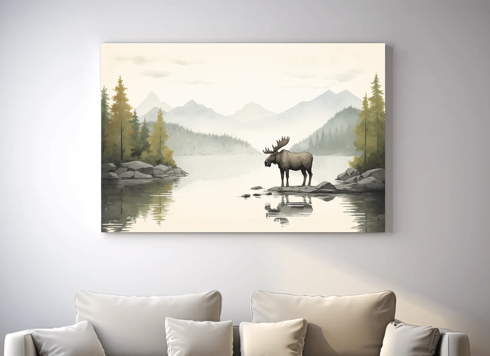 Watercolor Moose By Misty Lake - Mountain Wilderness Nursery Wall Art