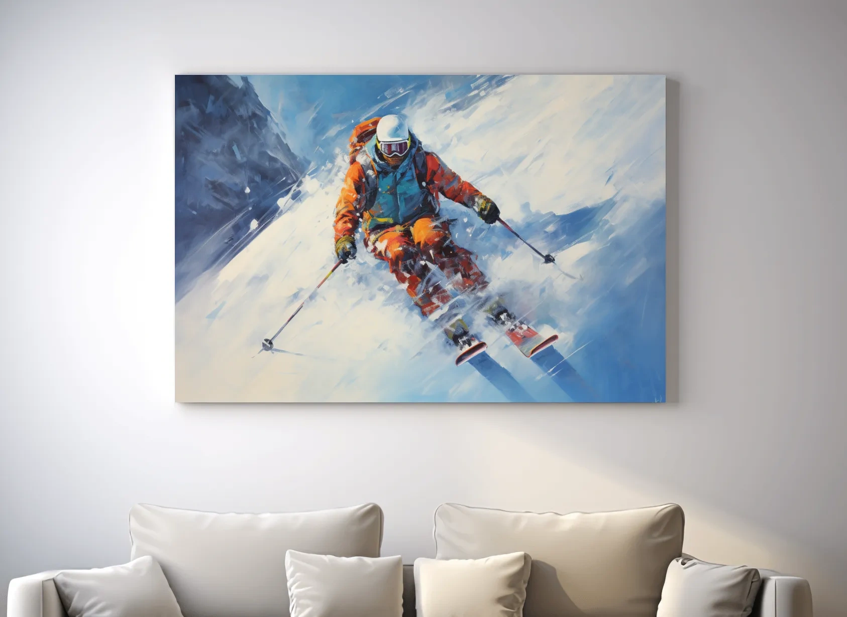 Dynamic Downhill Skier Painting - Snowy Alpine Adventure Wall Art