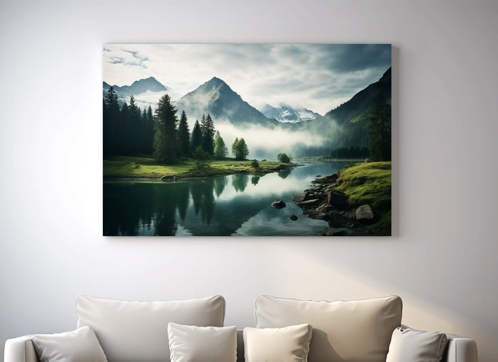 Misty Alpine Lake Reflection Landscape - Mountain Forest Photographic Wall Art