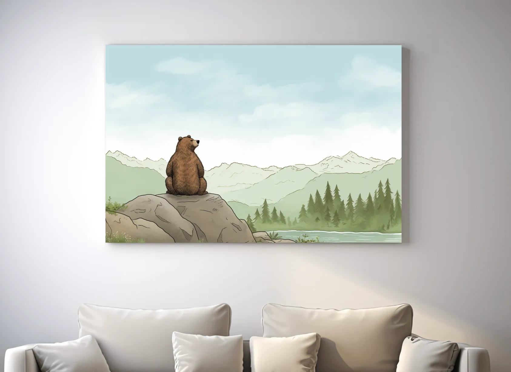 Whimsical Bear Overlooking Mountains - Cute Illustrated Nursery Wall Art