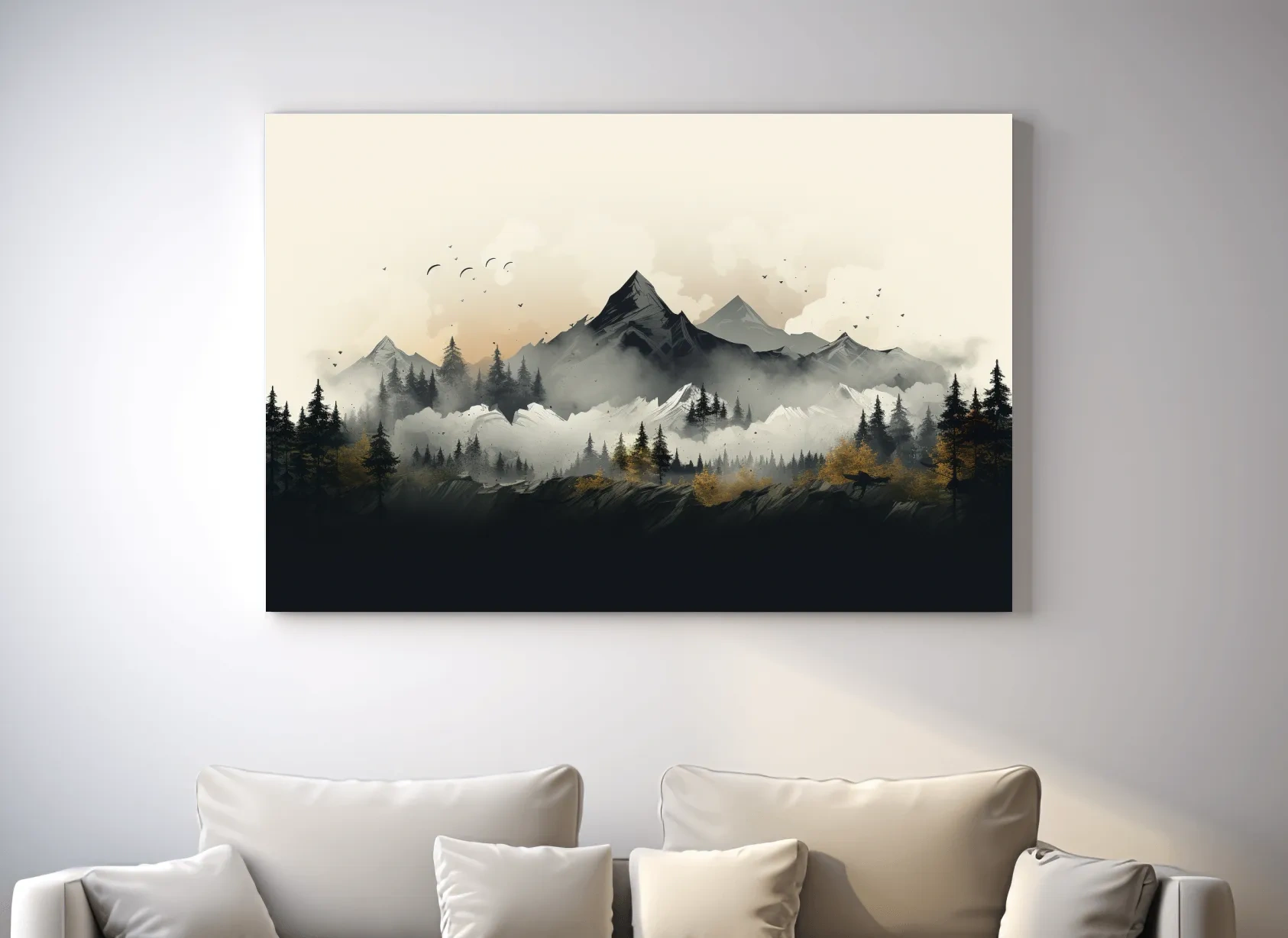 Misty Mountain Range With Pine Forest Illustration - Moody Landscape Wall Art