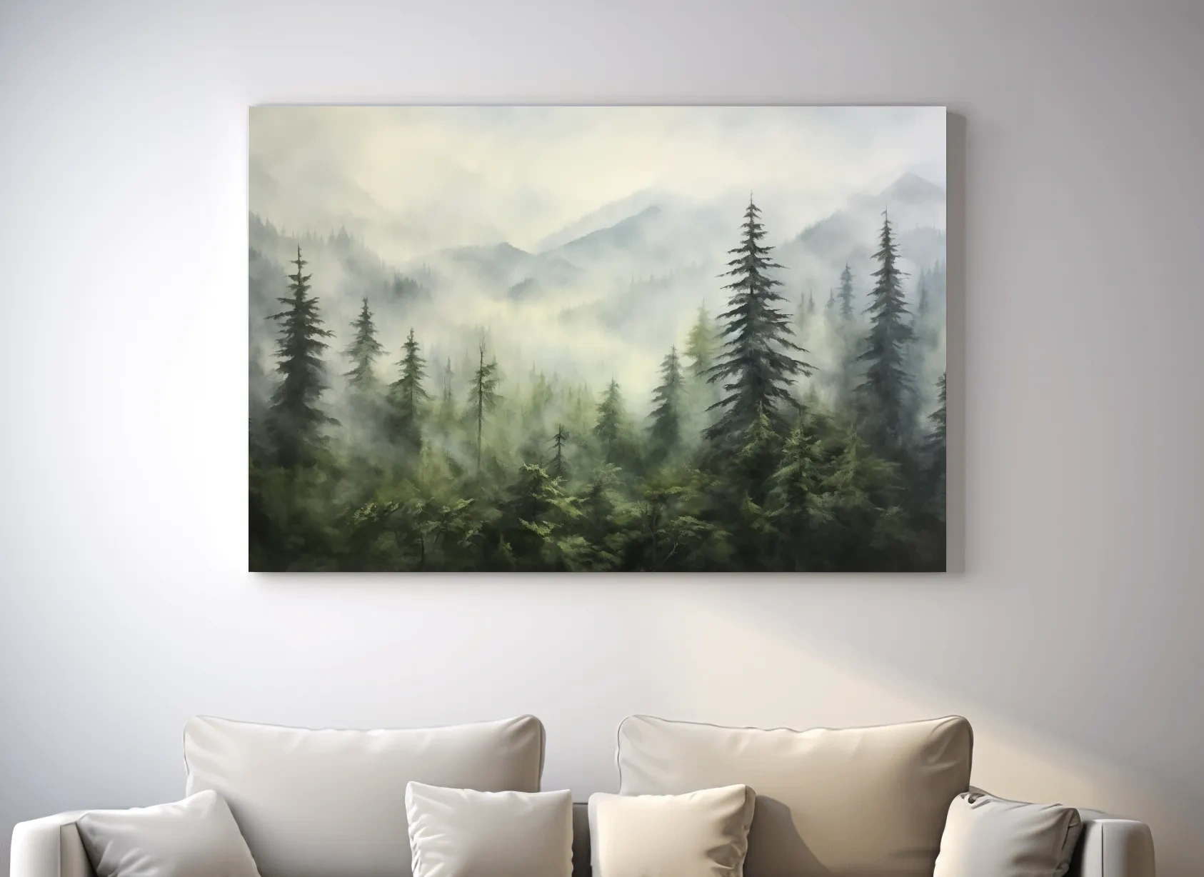 Misty Evergreen Forest Mountains Watercolor - Serene Foggy Landscape Artwork